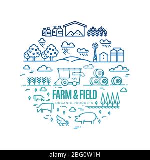 Helle ländliche Landschaft und Landwirtschaft Landwirtschaft dünne Linie Icons - Bio-Produkte Label-Konzept. Illustration des Landschafts- und Landwirtschaftslabels Stock Vektor