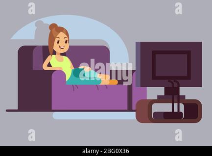 Glückliche junge Frau Fernsehen und auf dem Sofa liegen. Freizeitbeschäftigung Vektorkonzept. Frau Fernsehen auf der Couch, Entspannung sitzende Illustration Stock Vektor