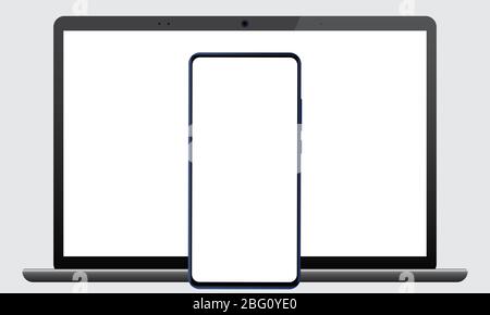 Realistische dunkle Laptop und Smartphone-Modell. Vorlage isolierter Geräte. Handy vor einem Laptop für ui ux Application Präsentation Stock Vektor