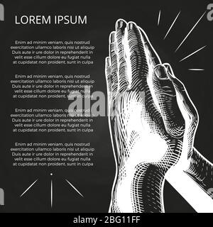 Weiße betende Hände, Gebet auf der bibel, Segenshände Religiöse Hand gezeichnete Tafel Poster. Vektorgrafik Stock Vektor
