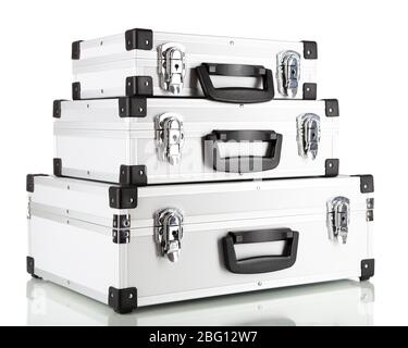 Geschlossene silberne Gehäuse isoliert auf weiß Stockfoto