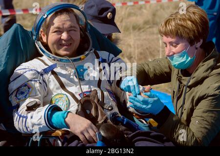 ZHEZKAZGAN, KASACHSTAN - 17. April 2020 - Expedition 62 Kosmonaut Oleg Skripochka wird vor dem Sojus MS-15 Raumschiff gesehen, nachdem er bei der NASA gelandet war Stockfoto