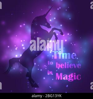 Bunte Einhorn Silhouette mit magischen Lichtern Poster Banner. Vektorgrafik Stock Vektor