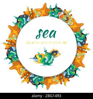 Sealife Rundbanner Design - Banner mit Cartoon Algen und Fisch. Vektorgrafik Stock Vektor