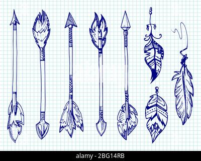 Kugelschreiber Federn und Pfeile auf Notizbuchseite gesetzt. Pfeilfederzeichnung, indische und aztekische Pfeilspitze Stock Vektor