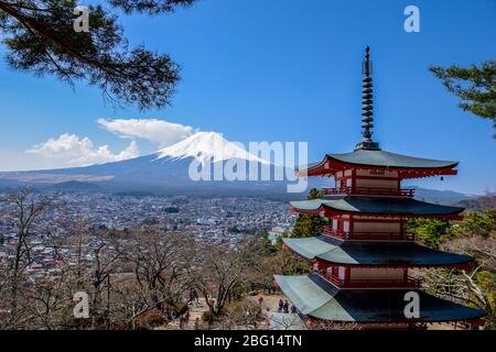 Atemberaubende Aussicht auf den schneebedeckten Fuji mit Pagode, Japan Stockfoto