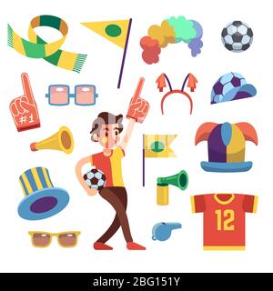 Fußball-Sport-Funs mit Werkzeugen, um Team gewinnen anzufeuern. Zeichentrickvektorsatz. Sport Fußball und Fußball jubeln Elemente Illustration Stock Vektor