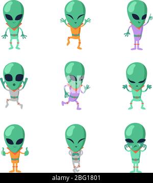 Lustige Cartoon Aliens Vektor grün humanoiden Zeichen. Humanoid und fremd Charakter, Monster freundliche marsillustration Stock Vektor