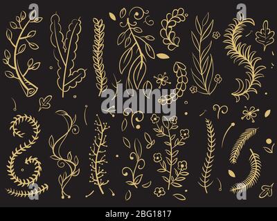 Goldene Bäume und Blumenzweige auf schwarzem Hintergrund. Baum Zweig der Pflanze, florale Blatt Zeichnung. Vektorgrafik Stock Vektor