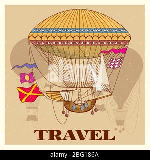 Grunge Vintage Poster mit Retro Air Heißballon. Luftballon Transport Grunge Retro Vintage Illustration Stock Vektor