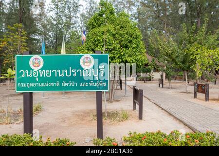 April 1,2020 - Pranburi, Thailand; das Waldparkschild Pranburi in Pranburi, das einen schönen Mangrovenpfad hat. Stockfoto