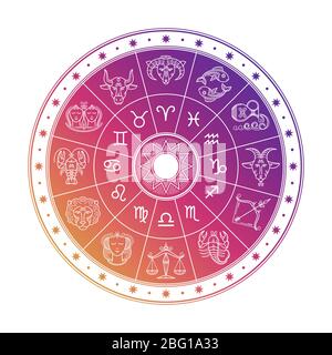 Buntes Astrologie Kreis Design mit Horoskop Zeichen isoliert auf weißem Hintergrund. Vektor-Tierkreis-Horoskop astrologische Illustration Stock Vektor