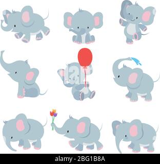 Niedliche Cartoon Baby Elefanten. Tiere afrikanische Safari Tiere Vektor-Set. Elefant afrikanischen Cartoon, glücklich freundlich Tier Illustration Stock Vektor