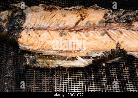 Lachs gefüllt mit Kräutern Grillen auf dem Grill Stockfoto