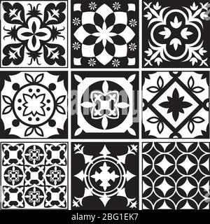 Vintage monochrome Kacheln wiederholen. Marokkanische mediterrane Fliesenboden Vektormuster. Illustration von Fliesenmosaik Arabeske monochrom Stock Vektor
