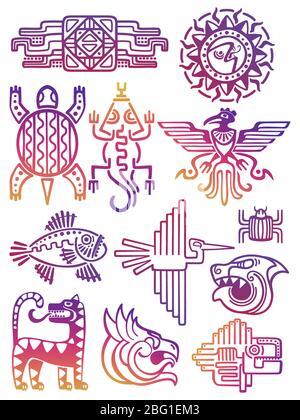 Bunte amerikanische azteken, maya-Kultur-Symbole auf weißem Hintergrund isoliert. Vektorgrafik Stock Vektor