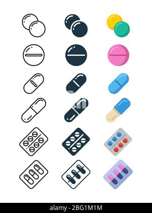 Linien- und Silhouetten-Symbole von illegalen Drogen-Tabletten, Alkoholsucht, Methamphetamin-Missbrauch. Vektorgrafik Stock Vektor