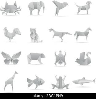 Asiatische kreative Origami Tiere Vektor-Kollektion. Tierische geometrische Spielzeugpapiere Illustration Stock Vektor