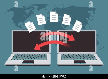 Informationsaustausch zwischen Computern. Dateiübertragung, Datenmanagement und Backup-Dateien Vektorkonzept. Transfer Dokument und Datei, Technologie-Backup Stock Vektor