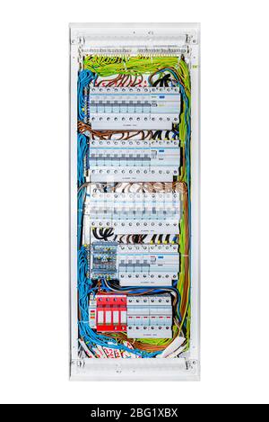 Moderne Sicherungskasten zu Hause verwendet, einphasige Sicherungen in AUS-Position, sichtbare dreiphasige Sicherungen, Reststrom-und Sturmschutz, vertikale Orientati Stockfoto