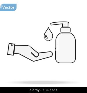 Desinfektion. Symbol für die Linie der Desinfektionsmittel-Flasche, Waschgel. Schwarze Silhouette. Vektorgrafik eps10 Stock Vektor
