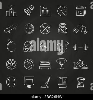 Gesunde Lifestyle-Linie Stil Symbole des Sets isoliert auf Tafel. Vektorgrafik Stock Vektor