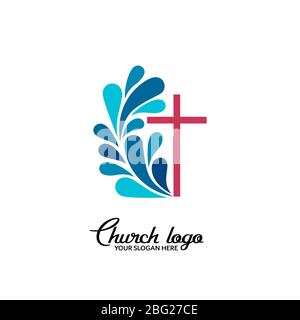 Kirchenlogo. Christliche Symbole. Das Kreuz Jesu und die Wellen des lebendigen Wassers. Stock Vektor