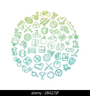 Sport Tools Linie Symbole im Kreis-Design. Grün trendy Outline Fitness Logo auf weiß. Vektorgrafik Stock Vektor