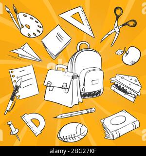 Notwendige Schüler Dinge - handgezeichnete Schreibwaren, Schultaschen, Essen auf bunte Kulisse. Schule Zeichnung Schreibwaren Werkzeuge für die Bildung. Vektorillus Stock Vektor