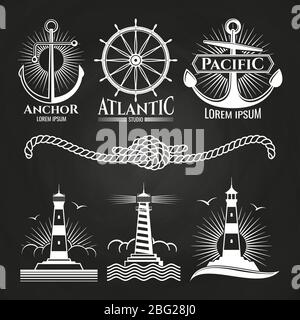 Vintage Marine nautischen Logos und Embleme mit Leuchttürmen Anker Seil. Emblem und Abzeichen, Vintage-Logo Marine, nautischen Leuchtturm, Vektor illustrat Stock Vektor