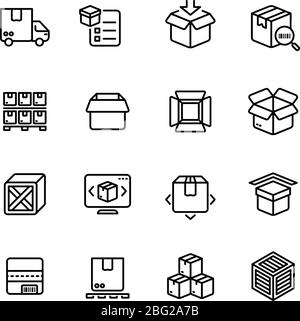 Symbole für Produktpackungen. Vektorsymbole für die Umrissdarstellung von Box Warehous Lieferung Service Verpackung, dünne Linie linear und Umriss Box und Container illustrr Stock Vektor