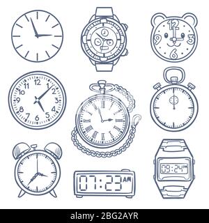 Doodle Uhr, Uhr Vektor-Symbole. Handgezeichnete Zeitvektorsymbole isoliert. Uhr und Uhr Zeit, Illustration der Weckzeichnung, Doodle Stoppuhr Stock Vektor