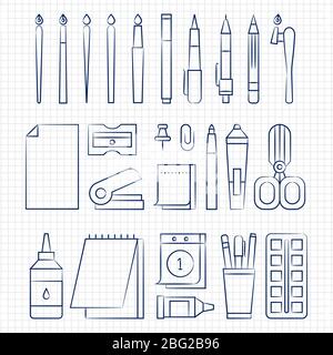 Kugelschreiber Zeichnung Büro Schreibwaren lineare Symbole auf Notizbuch-Seite. Vektorgrafik Stock Vektor