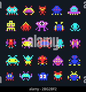 Raum Aliens vintage Video Computer Arcade-Spiel Pixel Vektor-Symbole. Illustration von Pixel-Monstern Stock Vektor
