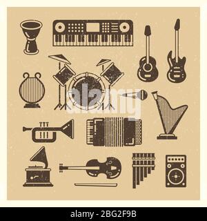 Klassische Musikinstrumente Grunge Silhouetten Set. Vector Musikinstrument und Musik Sound Illustration Stock Vektor