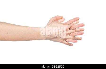 Kaukasische Frau, die ihre Hände auf weißem Hintergrund isoliert wäscht. Vorführung des Händewaschens. Konzept der Hygiene und Prävention Coronavirus. Stockfoto