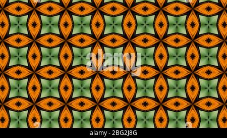 Kalidescope wiederholtes Muster und Textur. Orange und grüne geometrische Formen grafische Designelemente. Fraktalmuster. Stockfoto