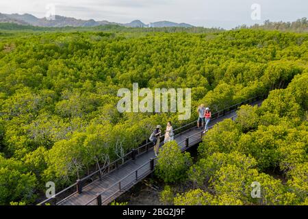 April 1,2020 - Pranburi, Thailand; Besucher wandern auf dem Weg zum Mangrovenwald, der sich im Pranburi Waldpark im Süden Thailands befindet. Stockfoto