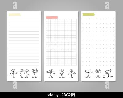 Seiten für Notizen, Tags, Karten mit niedlichen Strichfiguren. Papier-Notizbuch, leeres Notizpapier mit Figurenzeichnung, Vektorgrafik Stock Vektor