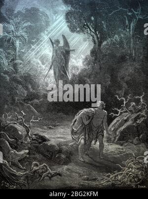 Adam und Eva werden aus Eden, dem Alten Testament, vertrieben, Holzschnitt von Gustave Doré Stockfoto