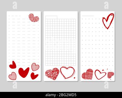 Blöcke für Notizen und Listen mit handgezeichneten Herzen. Liste und Notiz auf Papier mit rotem Herz. Vektorgrafik Stock Vektor