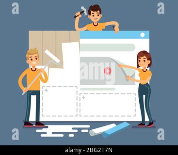 Website-Entwicklung mit Entwicklern erstellen von Inhalten. Webkonstruktion Vektorkonzept. Illustration des Interface-Entwicklungsprojekts, Web-Seiten-Inhalt Stock Vektor