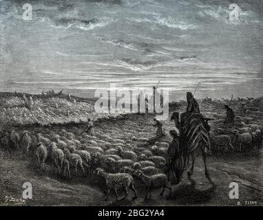 Abraham geht ins Land Kanaan, altes Testament, Holzschnitt von Gustave Doré Stockfoto