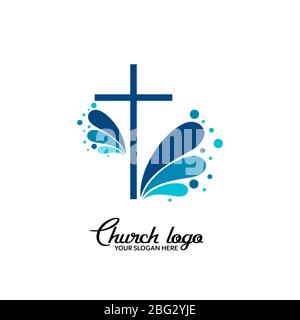 Kirchenlogo. Christliche Symbole. Das Kreuz Jesu und die Wellen des lebendigen Wassers. Stock Vektor