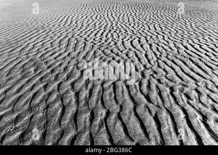 Die natürliche Bewegung von Wellen und Wind formte Muster im flachen Strandsand an der Küste des Staates Washington. Stockfoto