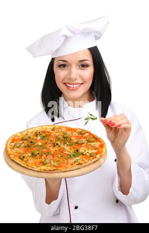 Schöne Mädchen Chef-Herd mit Pizza isoliert auf weiß Stockfoto