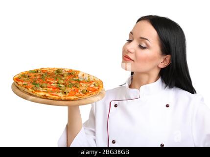 Schöne Mädchen Chef-Herd mit Pizza isoliert auf weiß Stockfoto