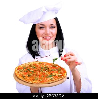 Schöne Mädchen Chef-Herd mit Pizza isoliert auf weiß Stockfoto