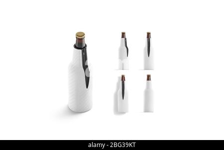 Leere weiße zusammenklappbare Bierflasche koozie mockup, verschiedene Ansichten Stockfoto