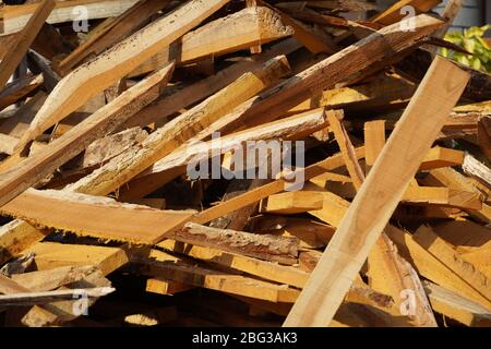 Zerbrochene lange Stücke von Baumstamm. Zerbrochene Holzstücke schließen. Holzspan aus Kiefernholz. Zerbrochen in Stücke und Splitter massiver Baumstamm, Nahaufnahme f. Stockfoto